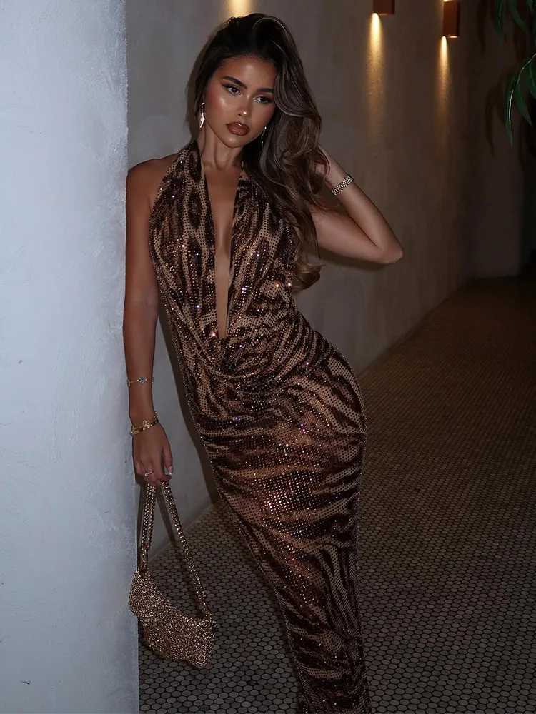 Basic Casual Dresses Ahagaga Fashion Leopard Sequins Womens Party Dresses Sexy Dp V-Neck Slveless Slim Fit Bodycon Maxi Elegant Vestidos Robes H25217