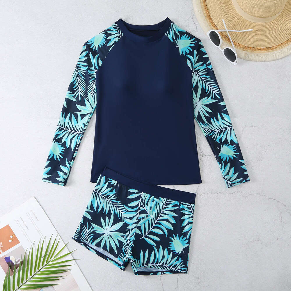 European and American long sleeved digital print conservative women's split bikini swimsuit 2025 temperament versatile new trendy clothing ins