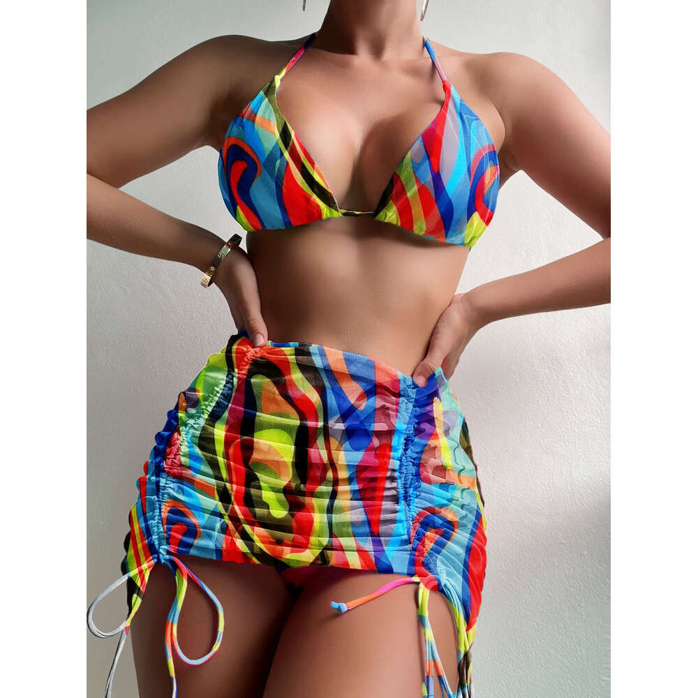 Colorful Sexy Mesh Three Piece Split Bikini Swimsuit for Women 2025 New Casual Fashion Trendy Clothing