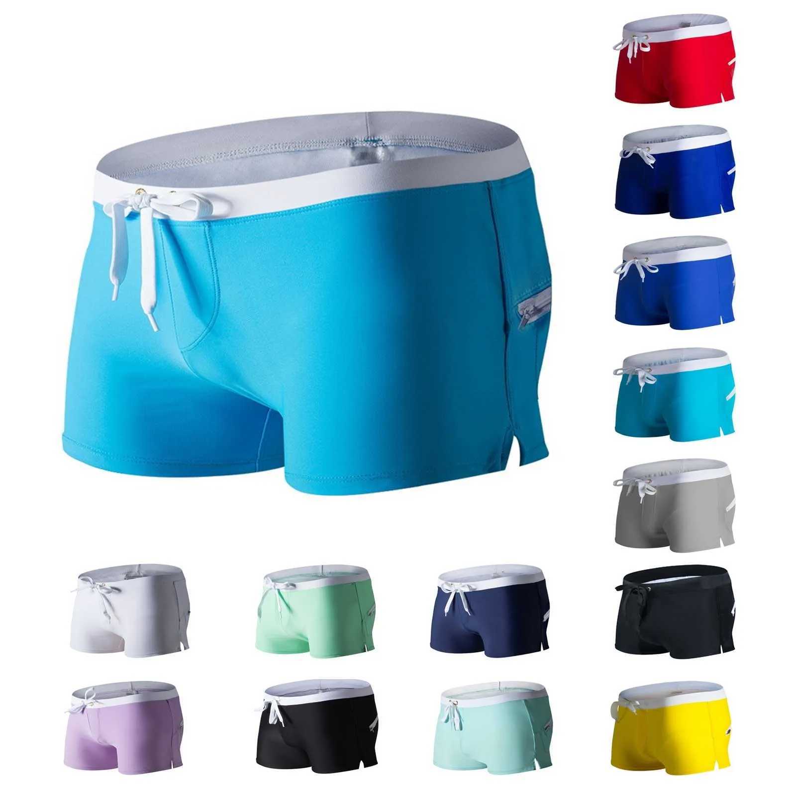 Mens Swimming Trunks Summer Boxers Shorts Zipper Pocket Slit Beach Swimpants Swimming Sports Shorts Male Summer Swimpant M250218
