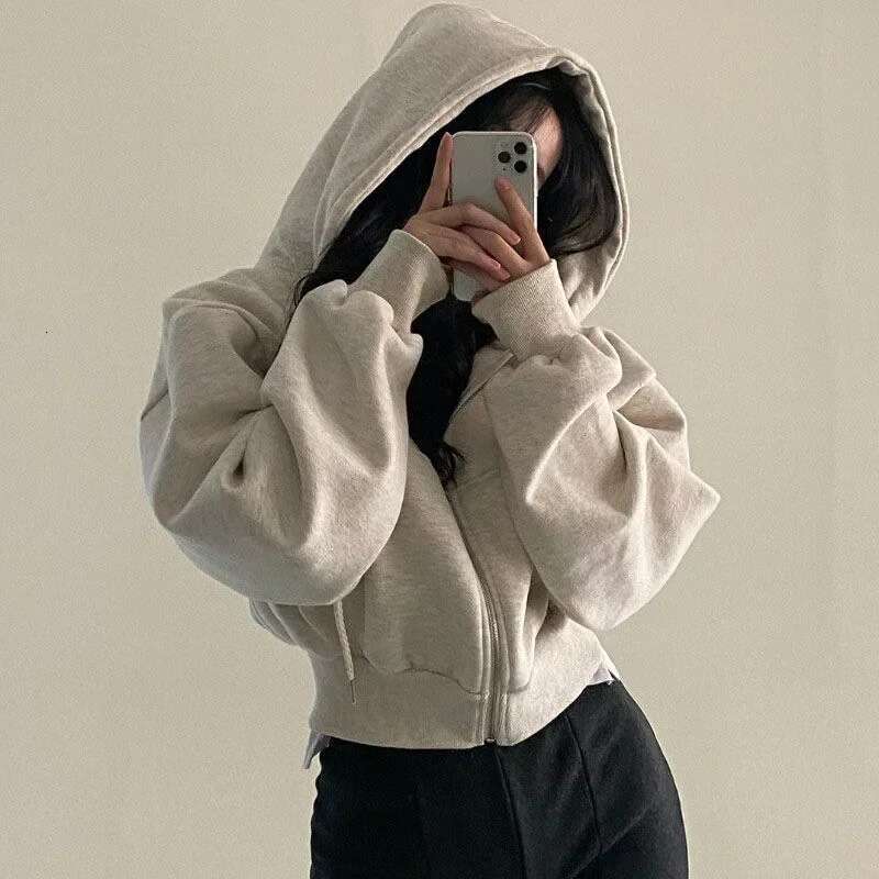 Korean Hoodies Autumn And Winter 2024 New Ins Plus Veet 100 Fashion Short Slim Zipper Warm Solid Color Hoodie Woman