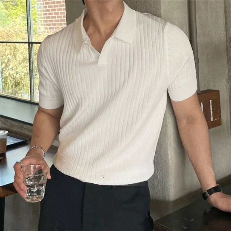 Trendy Polo Shirt For Men Summer Solid Color Top Versatile Knit Style Korean Short Sleeves Casual Fashion T-shirt 250217