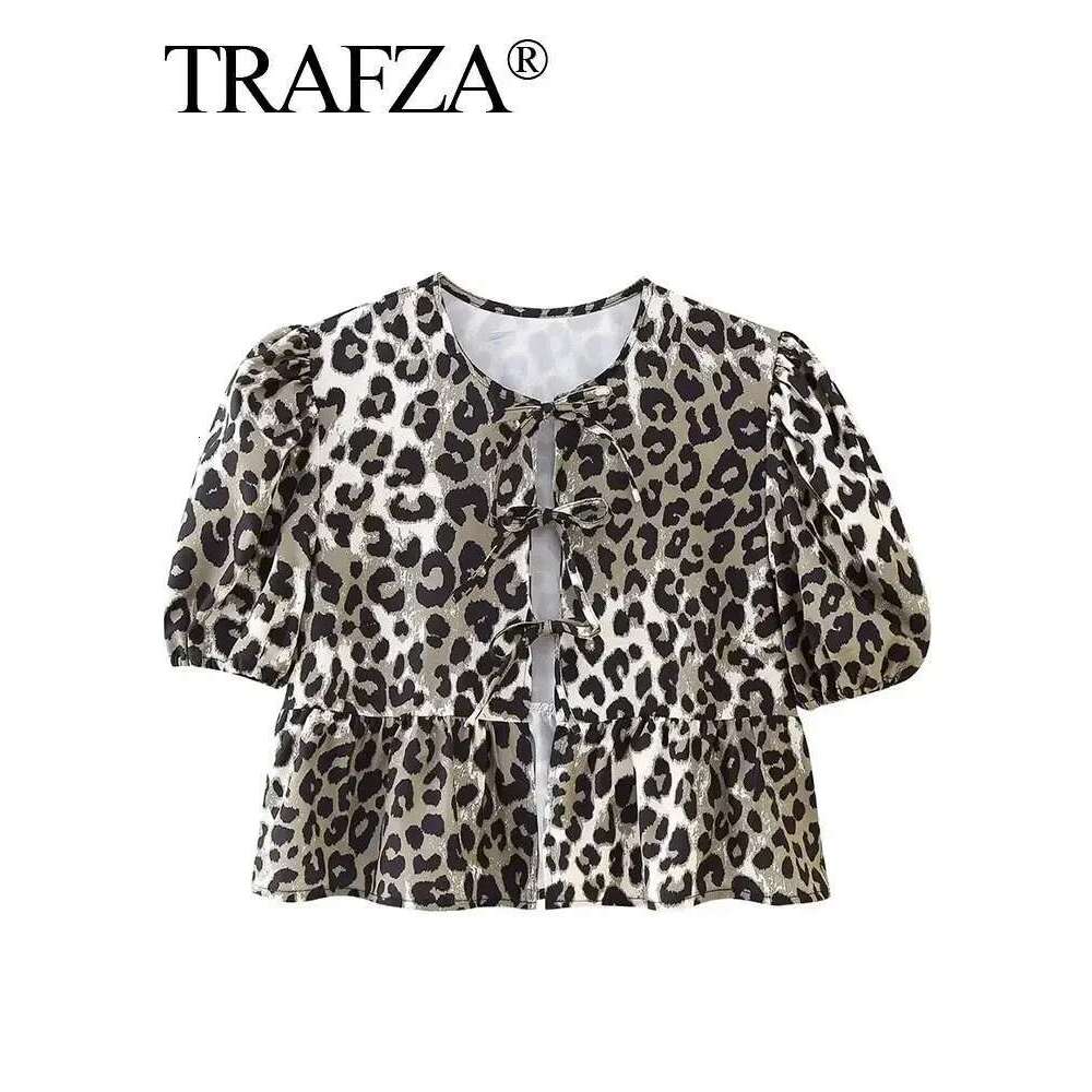 TRAFZA Women Causal O Neck Short Puff Sleeve Shirt Sweet White Bow Lace Up Tops 2024 New Fashion Chic Female Streetwear Blouse