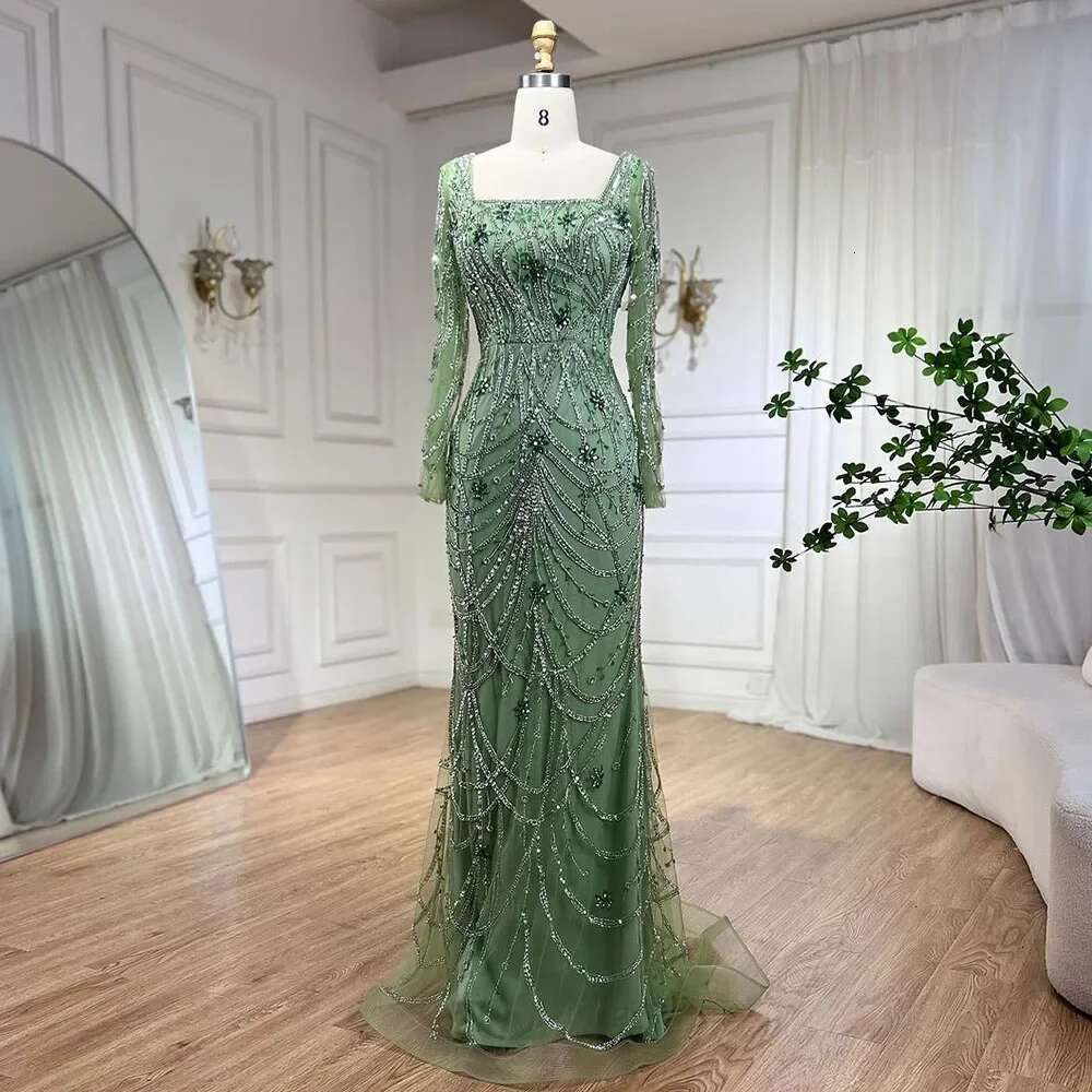 Green Dubai Mermaid Elegant Crystal Beaded Arabic Evening Dresses Gowns Customize Party