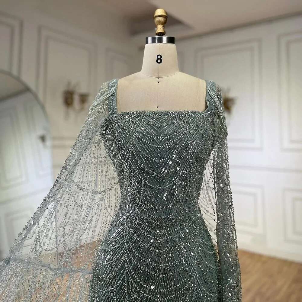 Turquoise Arabic Cape Sleeves Beaded Pearls Or Length Evening Gown Party Dress For Women Customize BLA