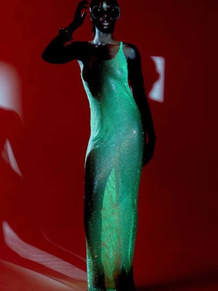 Basic Casual Dresses Fantoye Glitter Crystal Diamond Fishnet Women Dress Black Slveless S Through Maxi Dress Female Slim Hot Girl Party Clubwear H2521