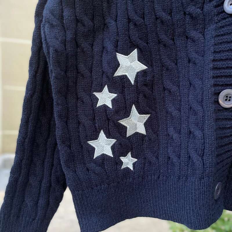 Spring Navy Blue Midnight Knitted Cardigans Women Casual Comfortable Star Embroidery Single Breasted Sweaters