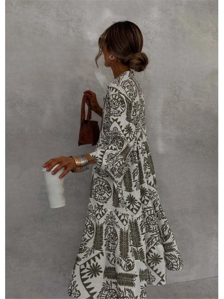 Style Casual Print Three-quarter Sleeve Shirt Dress For Women Summer Fashion V Neck Loose Holiday Casual Dresses Robe Femme 250213