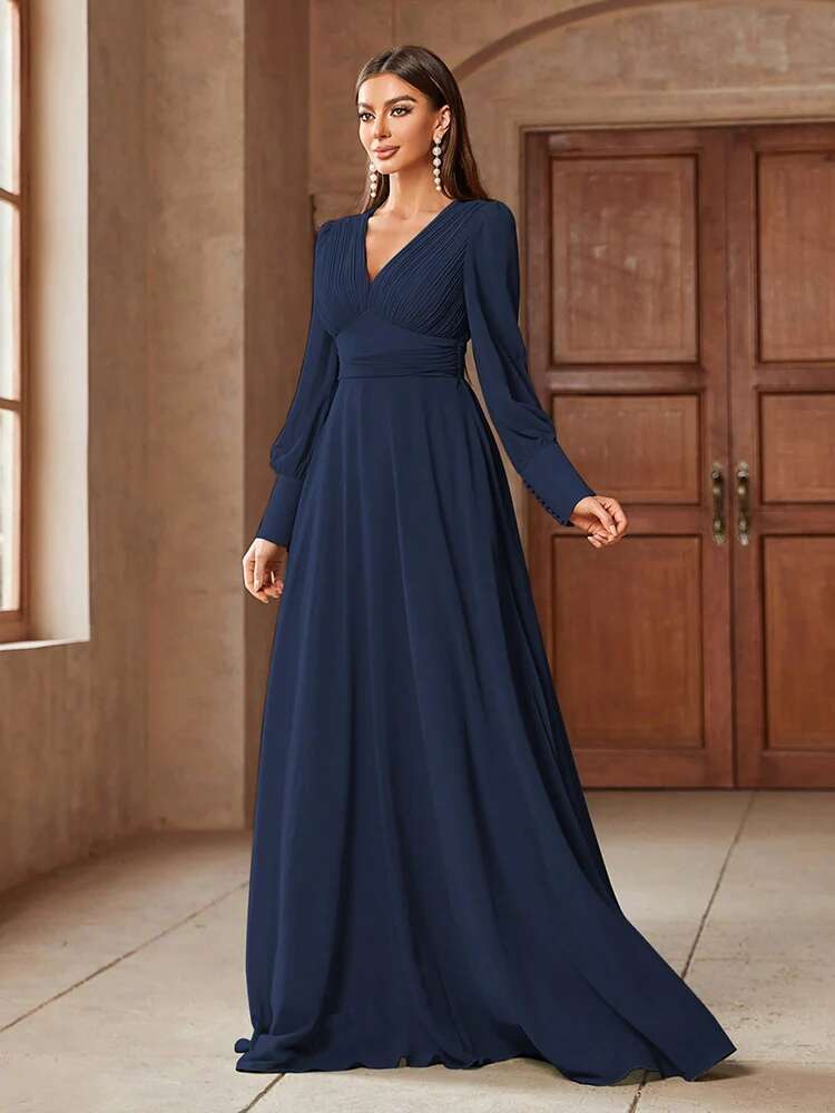 TOLEEN 2024 New Spring Summer Elegant Formal Party Evening Clothing Women's Simple V-Neck Solid Color Long Sleeve Dresses