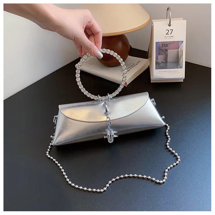 Metallic Women's Dinner Bag with Rhinestone Detail - Round Circle hot Handle, Cute Evening Clutch