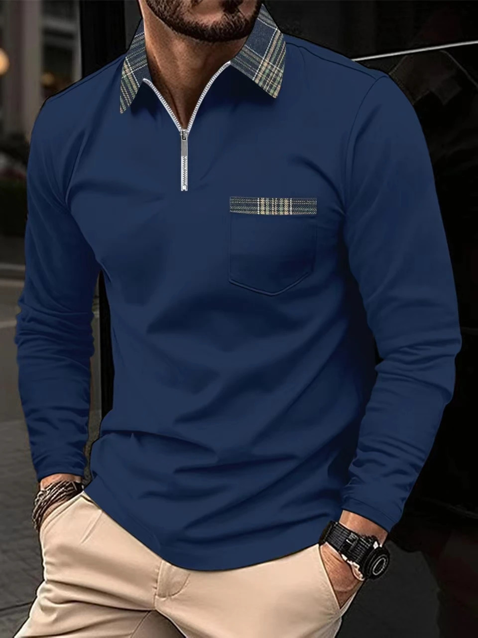 Spring and Autumn Mens Polo Zipper Shirt Pocket Collar Sports Leisure FD08244360 250213