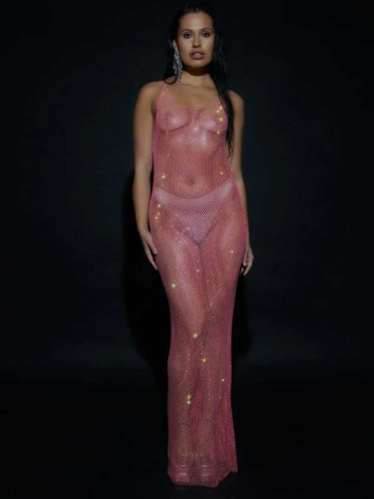 Basic Casual Dresses Fantoye Glitter Crystal Diamond Fishnet Women Dress Black Slveless S Through Maxi Dress Female Slim Hot Girl Party Clubwear H2521