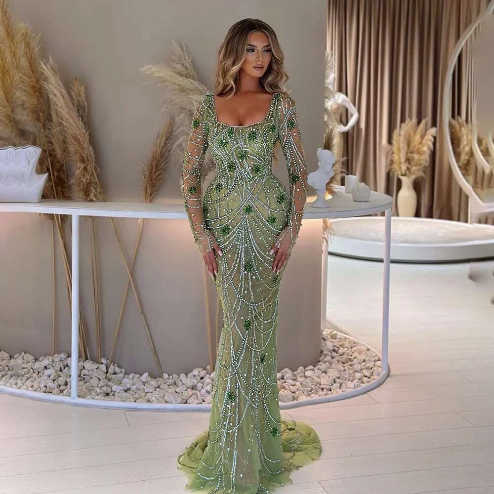 Green Dubai Mermaid Elegant Crystal Beaded Arabic Evening Dresses Gowns Customize Party