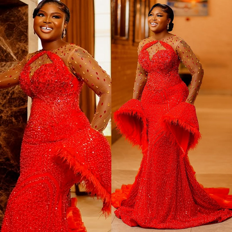2025 Plus Size Red Prom Dresses Mermaid Evening Dresses Sheer Neck Long Sleeves Illusion Beaded Lace Feather Crystals Birthday Dress Second Reception 
