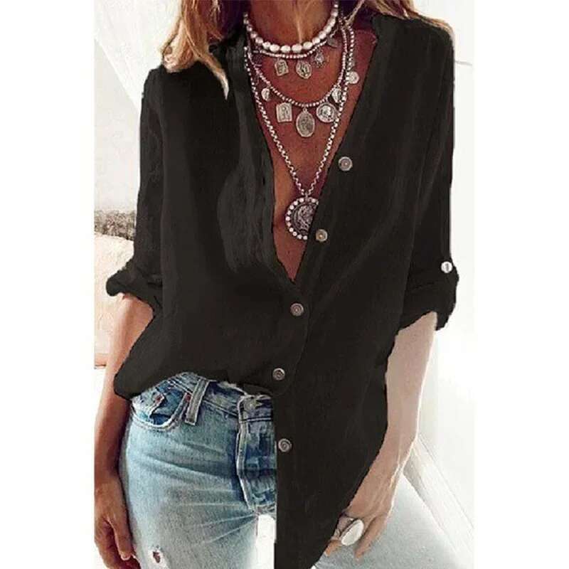 Summer Women's Cotton En Shirt Fashion Solid Color Casual Loose Button V-Neck Long Sleeve Top Commuter Wear