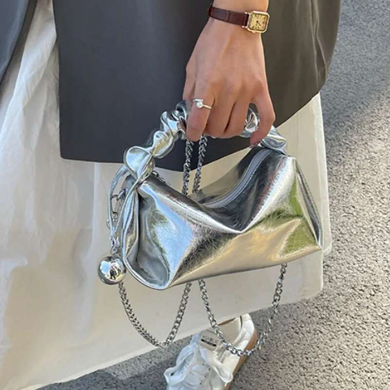 Sier PU leather women chain crossbody 2024 High quality pleated handbag Fashion pillow bag