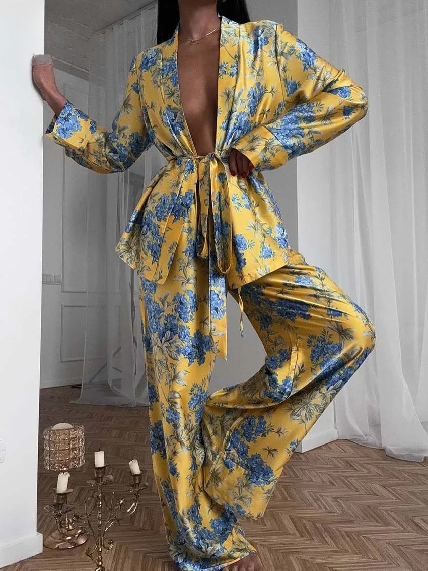 Oymimi Fashion Yellow Print Womens 2 Piece Outfit Set Casual Satin Long Sleeve Lace-Up Shirts And Drawstring Straight Pants Sets