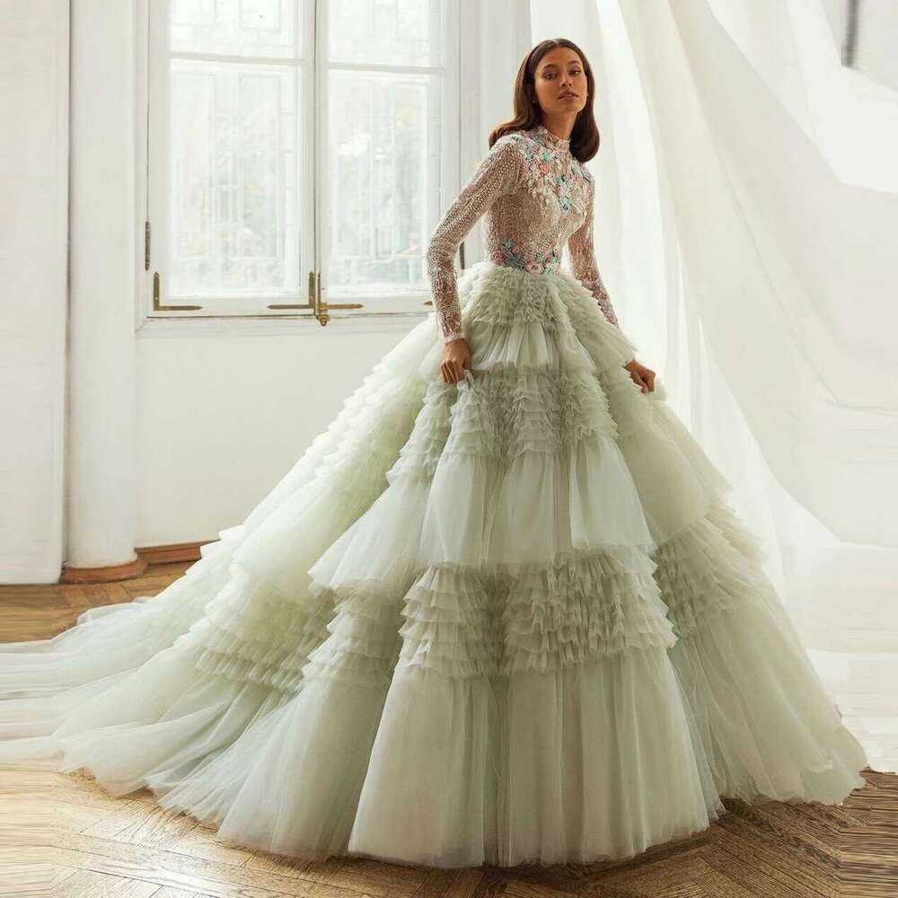 Neck High See Through Beaded Tulle Or Length Long Evening Dresses Crystal Dress For Women Lush Ball Gown