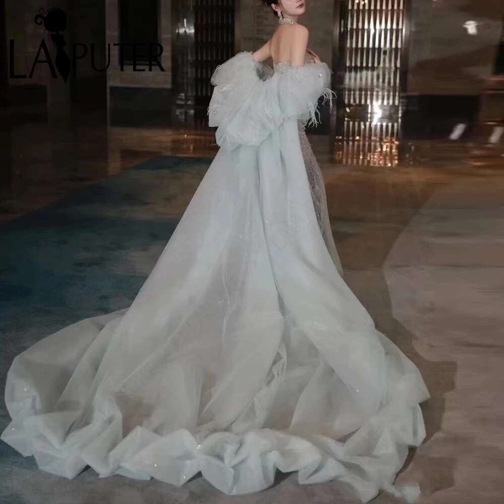 Sequin Blue Mermaid wedding dresses Sier Illusion Body Beaded Formal Dress Off Shoulder Side Sleeves Back Extra Cape Gown