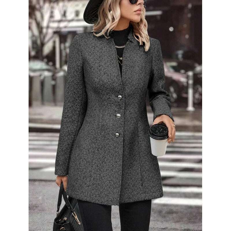 Europe And The United States Cross-Border 2024 New Long Sleeve Solid Color Standing Collar Button Trench Coat Fashion Women Casu