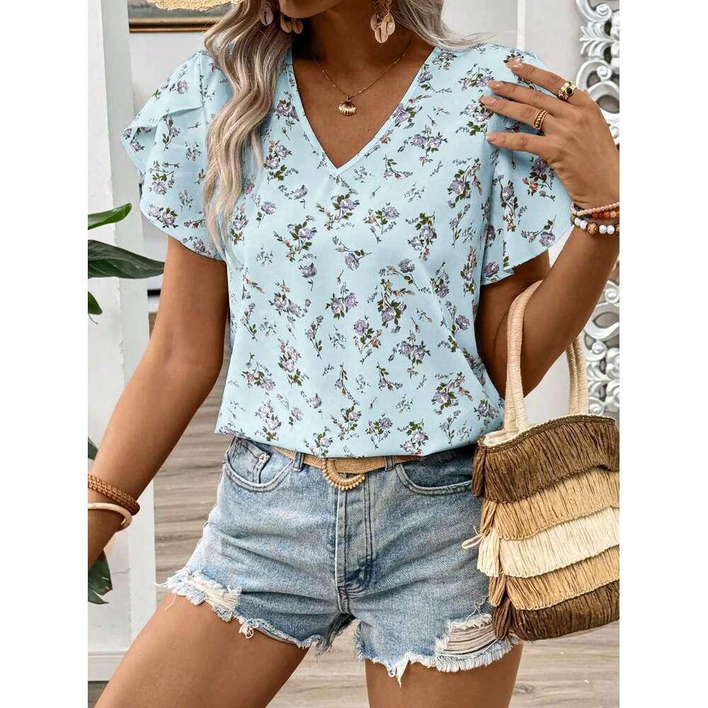 Elegant Casual Women's V-Neck Holiday Ruffled Short Sleeve Ral Summer Shirt For Women
