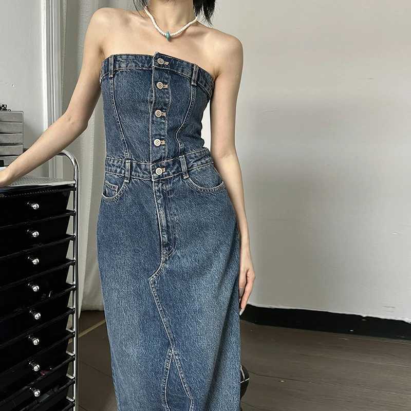 Basic Casual Dresses Lygens Denim Strapless Buttons Stretchy Slim Slit Long Dress Casual Fashion Strtwear Summer Vacation Daily Party Women Clothes H2