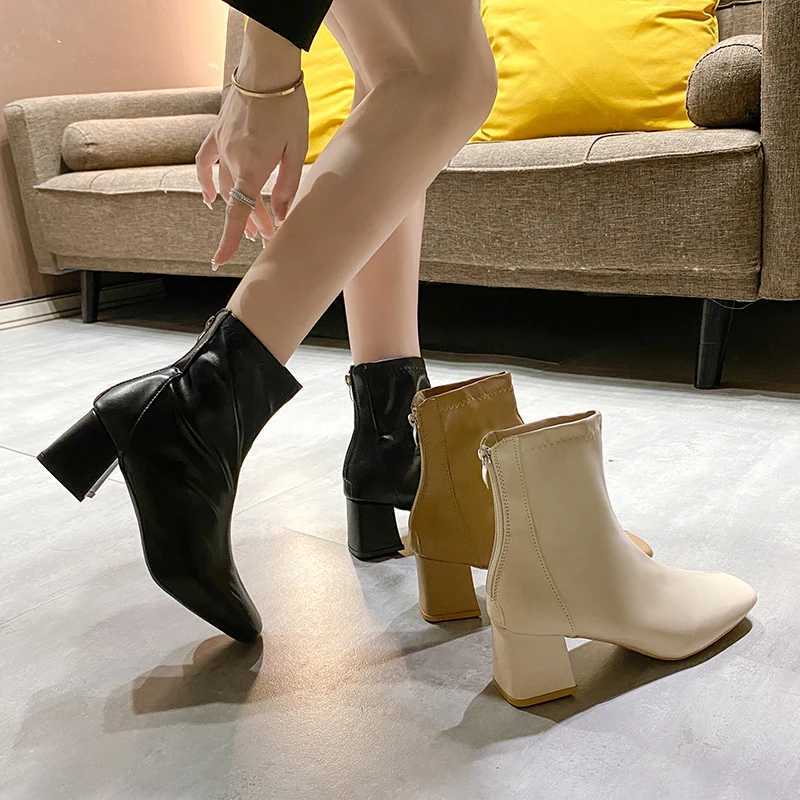 Womens Thick Heel Medium Heel Boots Womens 2024 New Winter Square Toe Back Zipper Increased Casual Short BootsXJ250217