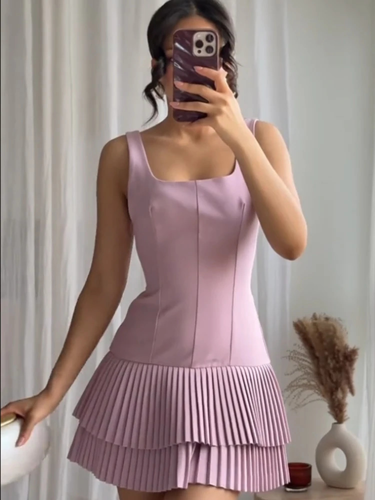 2025 Women Layered Ruffle Hem Tank Dress Square Neck Sleeveless Pleated Short Dresses Spring Summer Street Lady Vestidos 250217