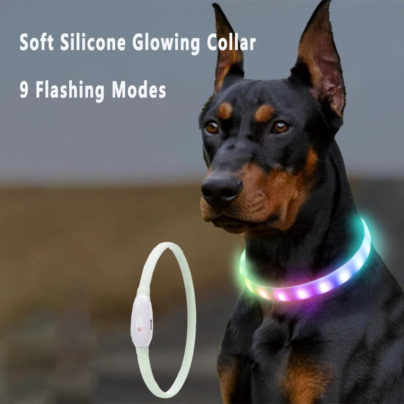USB Rechargeable Glowing Collar for Large and Small Dogs LED Glowing Dog Collar 9 Flashing Modes Adjustable Soft Silicone Collar 250218