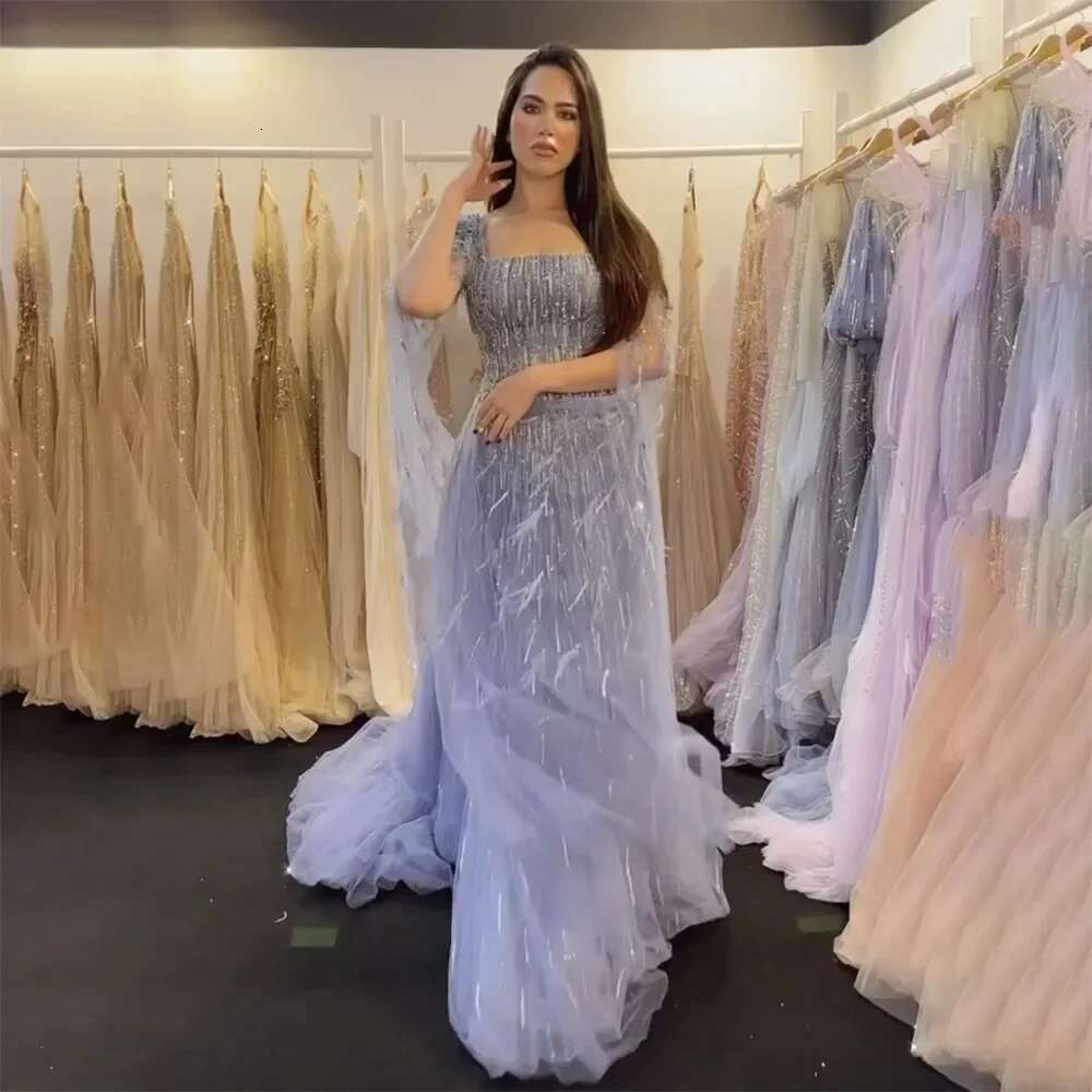 A Dubai E Blue Cape Sleeves Feathers Beaded Evening Dresses Gowns Customize Evening Party