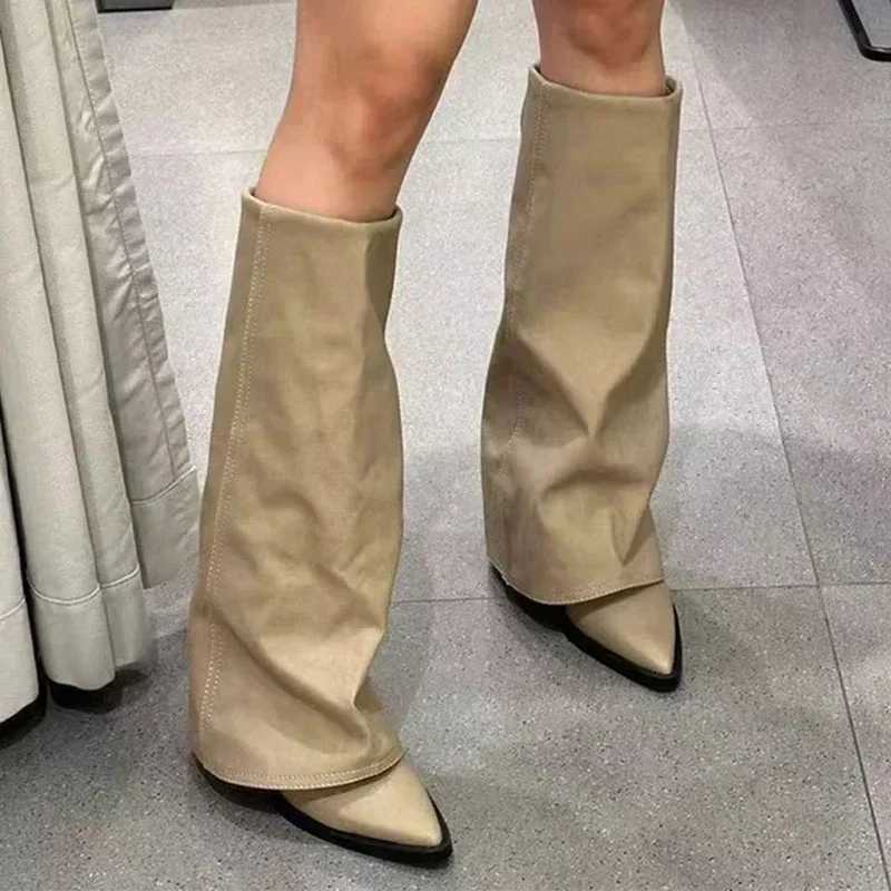 Knee High Heels Womens Boots Leather Shorty Fashion Shoes Pointed Toe Snow Boots New Designer Pump Punk Chelsea Botas Mujer Z250218