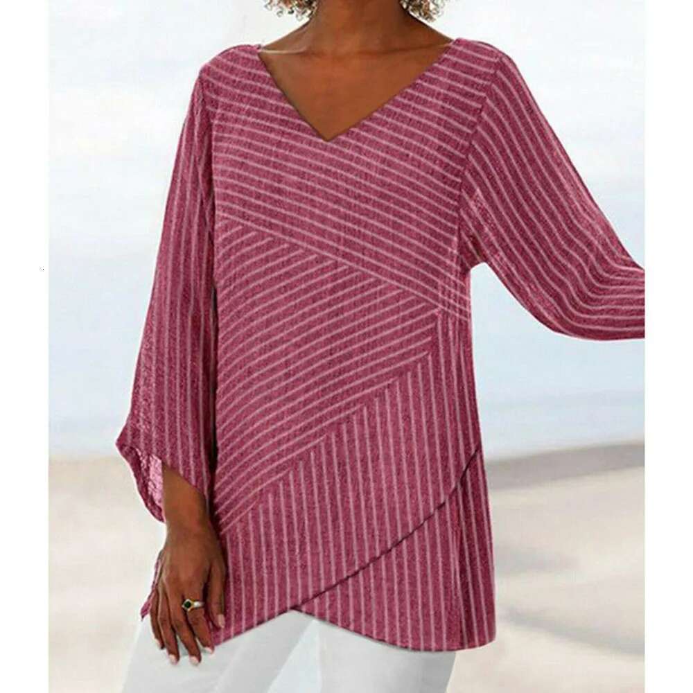 Jocoo Jolee Spring Oversized Striped Long Sleeve V Neck Baggy Blouse Ladies Summer Tunic Tops Casual Loose Shirt