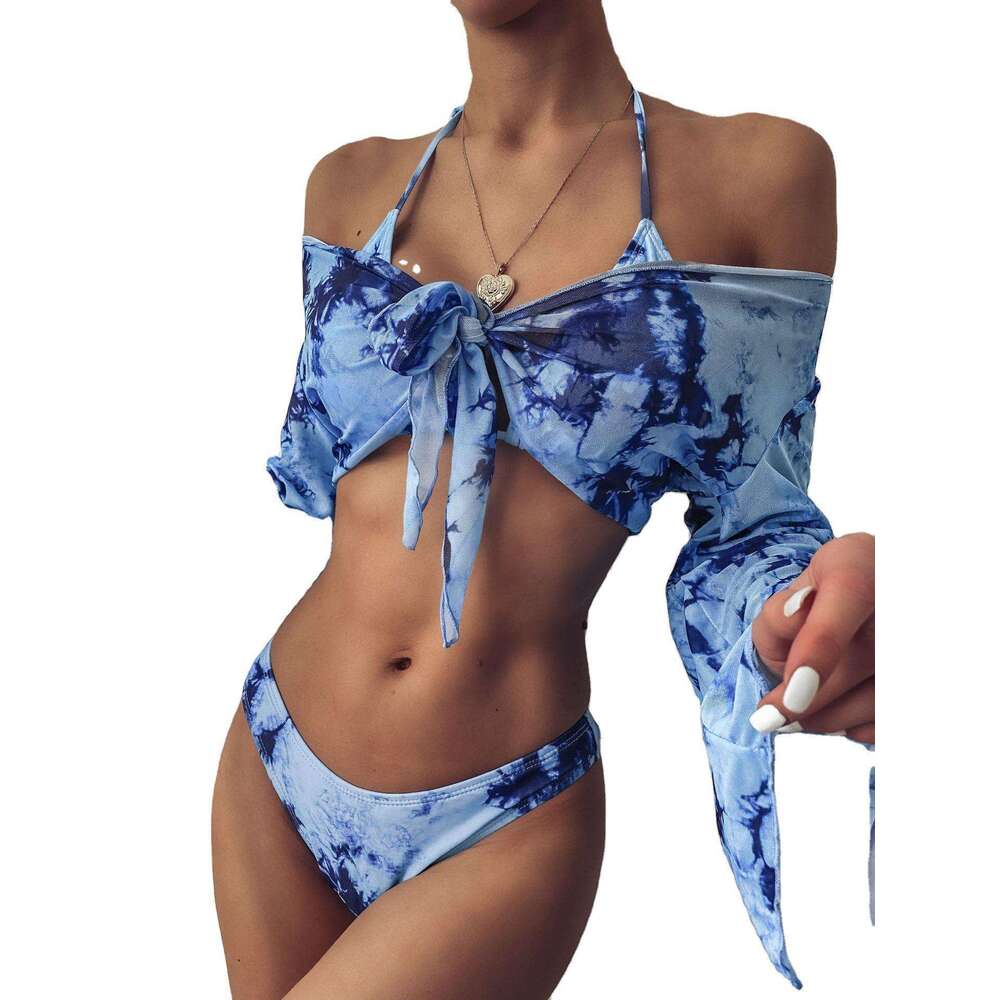 European American tie dye women's split swimsuit sexy long sleeved three piece set leopard print bikini 2025 new style chic and elegant clothing