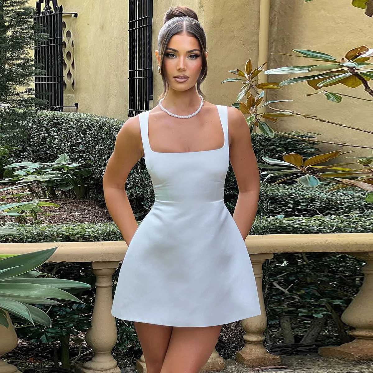 Basic Casual Dresses Lygens Satin Square Collar Slveless Zipper Back Short WomenS Dresses Elegant Evening Strtwear Y2K Casual Clothing H25217