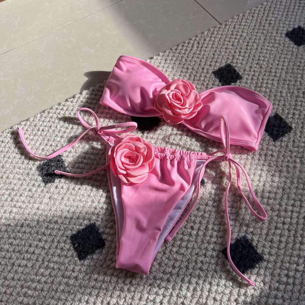2025 New Solid Rose Bra with Drawstring Strap Split Swimsuit Bikini 9150 Womens Swimwear Triangle Bikini Thong Swimwear Holiday New Arrival New Produc