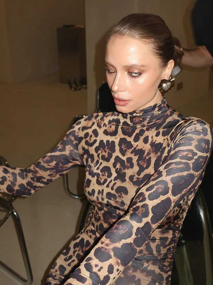 Basic Casual Dresses Ahagaga Fashion Sexy Leopard Printed Long Dresses Turtleneck Regular Casual Y2K Full Slve Slim Sheath Skinny Vestidos Robes H2521