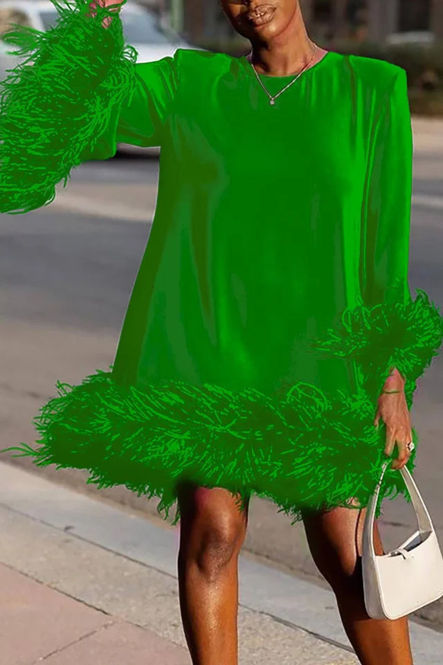 Plus Size Feather Mini Dress Long Sleeve Round Neck Elegant Party Straight Spring Flare Casual Chic Dresses 2024 250214