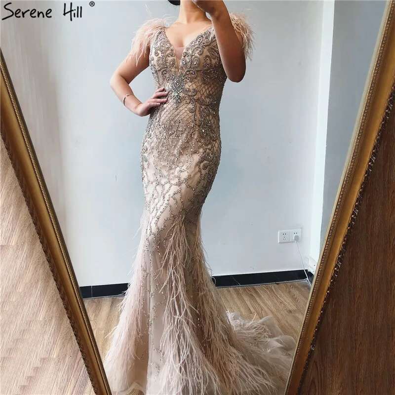 Dia Nude Feathers Sleeveless Sexy Mermaid Evening Dresses Formal Gown Elegant Customize BLA