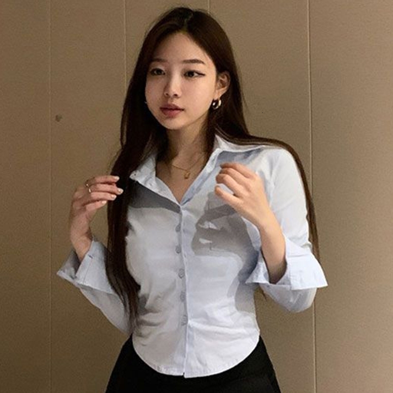Korean White Office Women Chiffon Shirt Pocket Button Lapel Ladies Blouse Spring Long Sleeve Female Crop Tops 250217