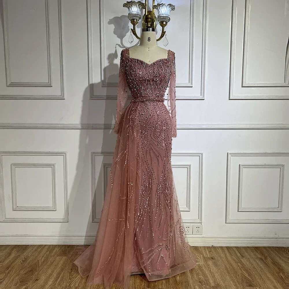 Pink Arabic Elegant Mermaid Overskirt Beaded Long Evening Dresses Gowns Customize Evening Party