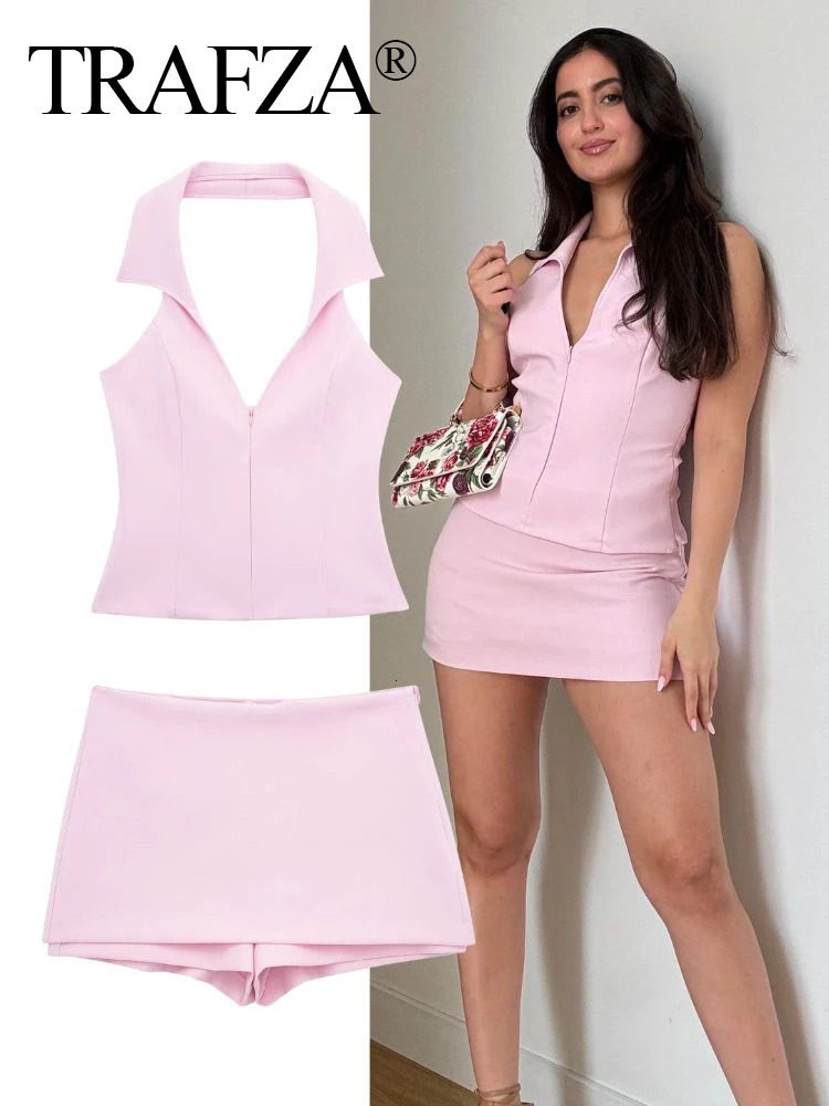 TRAFZA Women Sexy Pink Camis Top Shorts Set Summer Fashion Halter Neck Backless TopSweet Pink Short Pant Lady Suit 250217