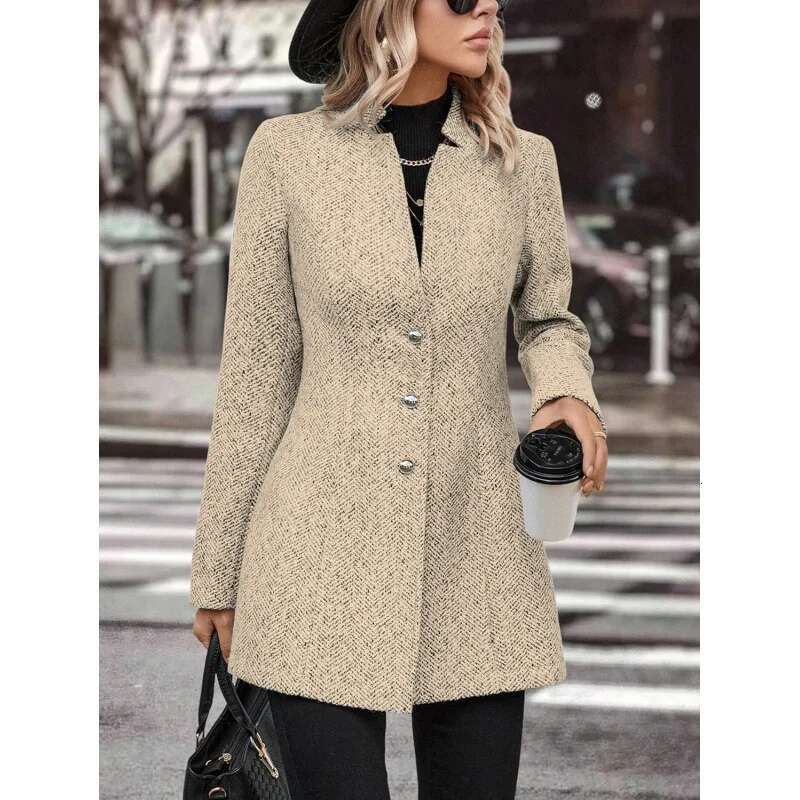 Europe And The United States Cross-Border 2024 New Long Sleeve Solid Color Standing Collar Button Trench Coat Fashion Women Casu