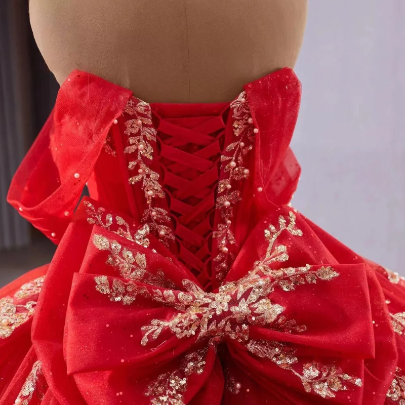 Red Shiny Quinceanera Dresses Ball Gown Off The Shoulder Gold Applique Lace Beading Crystal Tull Party Birthday Sweet 16 Dress Vestido 15 De Anos