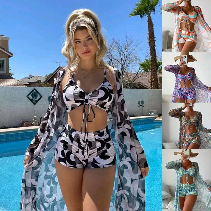 bikini three piece set with digital printing, draped in flat leg pants, swimsuit for women, 2025 new style, chic and elegant clothing