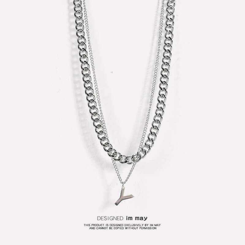 Titanium Steel Personality Letter W Necklace Double layered Layered Sweater Versatile Simple Hip Hop Cuban Chain Korean Edition Men's and Women&#