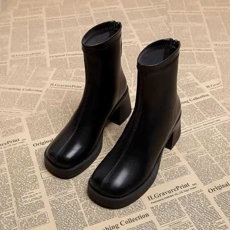 Black Womens Ankle Boots Fi Back Zippers Short Square Heel Women Shoes Anti-slip Thick Sole Leisure Daily Commute BootsXJ250217