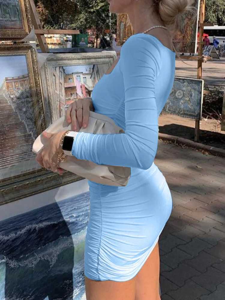 Basic Casual Dresses Elegant Square Collar Long Slves Folds Slim Bodycon Dress Women Solid Color Skinny Mini Dress Sexy Club Party Vestidos H25217