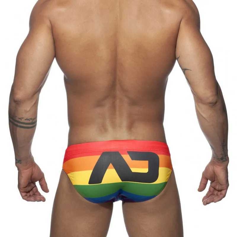 Mens swimming trunks rainbow print low waist sexy cup tether triangle swimming trunks M250218