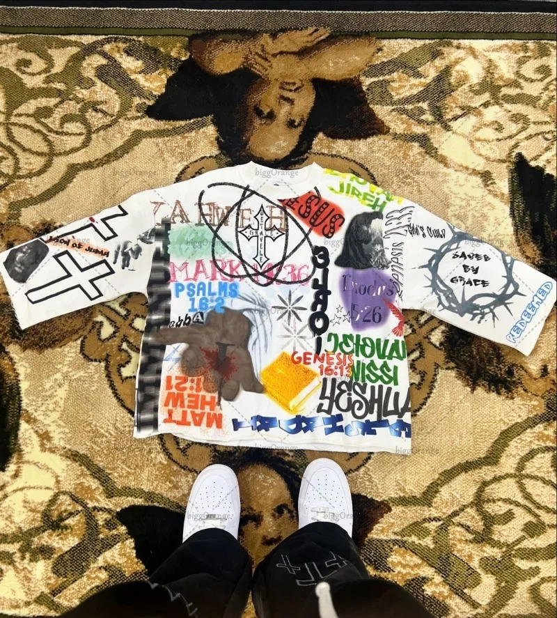 Gothic Punk Style Printed Graphic T-shirt American Retro Oversized Long-sleeved Men Y2K Harajuku Street Hip-hop Casual Loose Top 250122