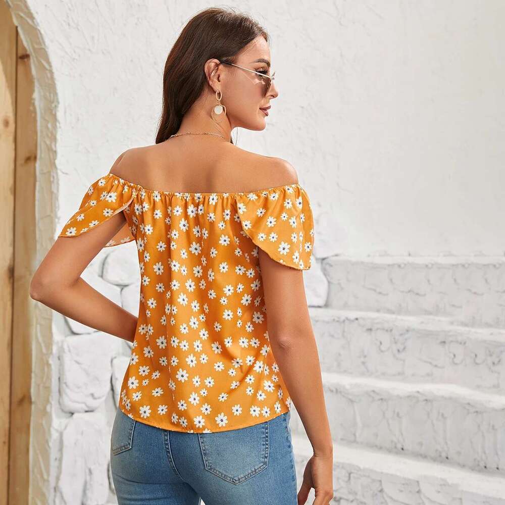 Off Shoulder Women's Chiffon Shirts Summer New Style Elegant Ral Slash Neck Tops